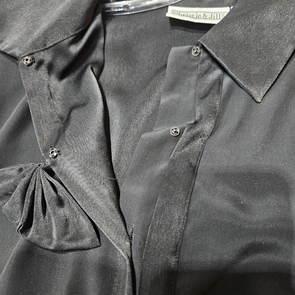 Vintage Christie and Jill Shirt Blouse Women Medium Black Bow Satin Trim 90s NEW - Picture 7 of 10